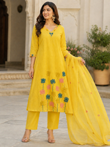 Yellow Silly Cotton A-line suit with Embroidery and beads work