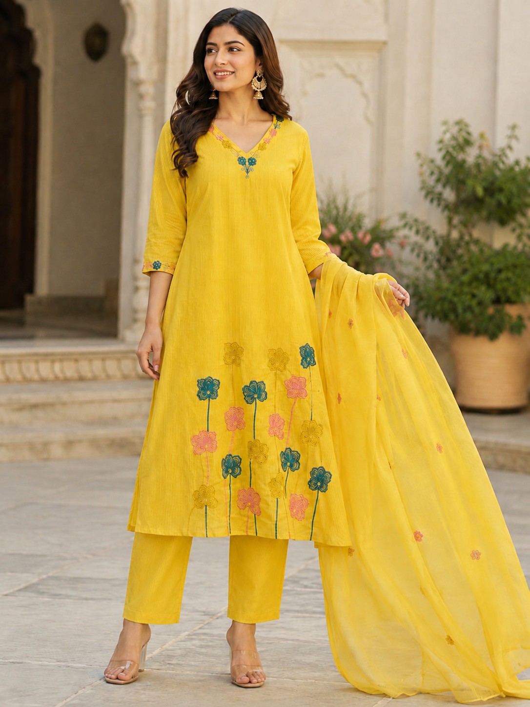 Yellow Silly Cotton A-line suit with Embroidery and beads work