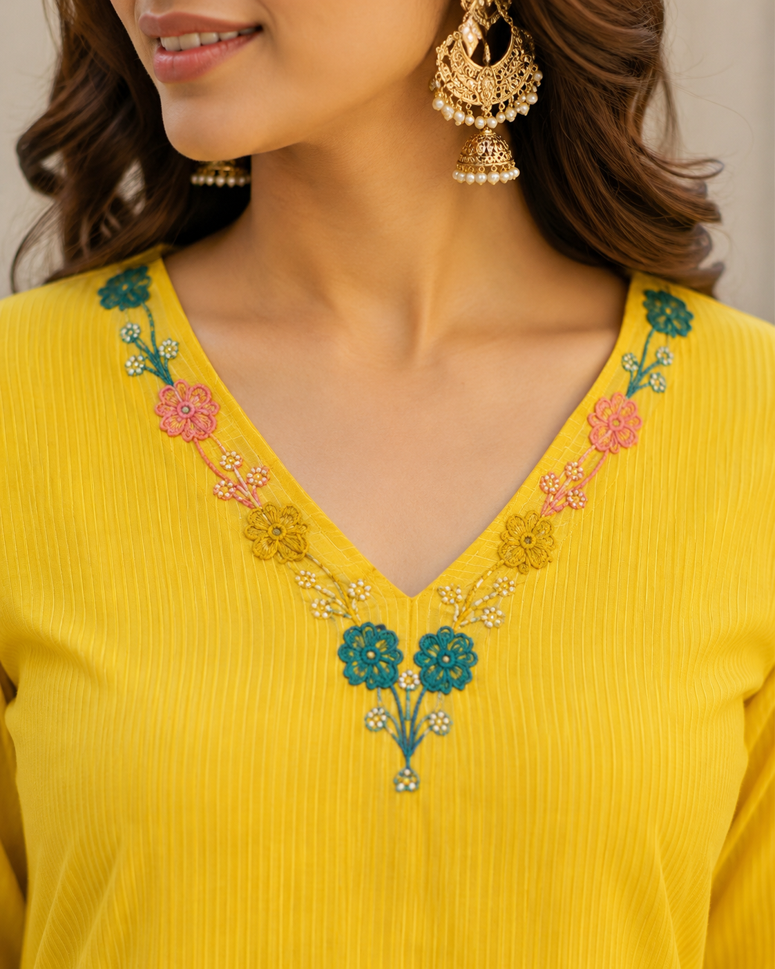 Yellow Silly Cotton A-line suit with Embroidery and beads work
