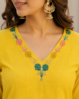 Yellow Silly Cotton A-line suit with Embroidery and beads work