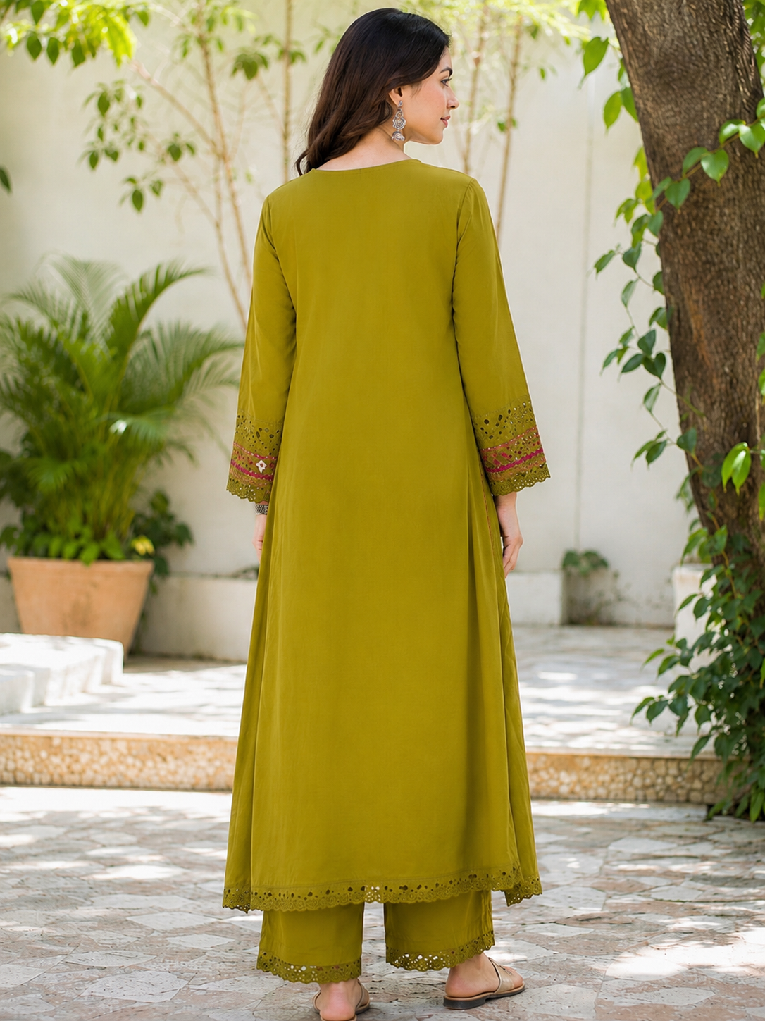 Olive Green Pure Cotton Straight suit with Embroidery & Lace Work