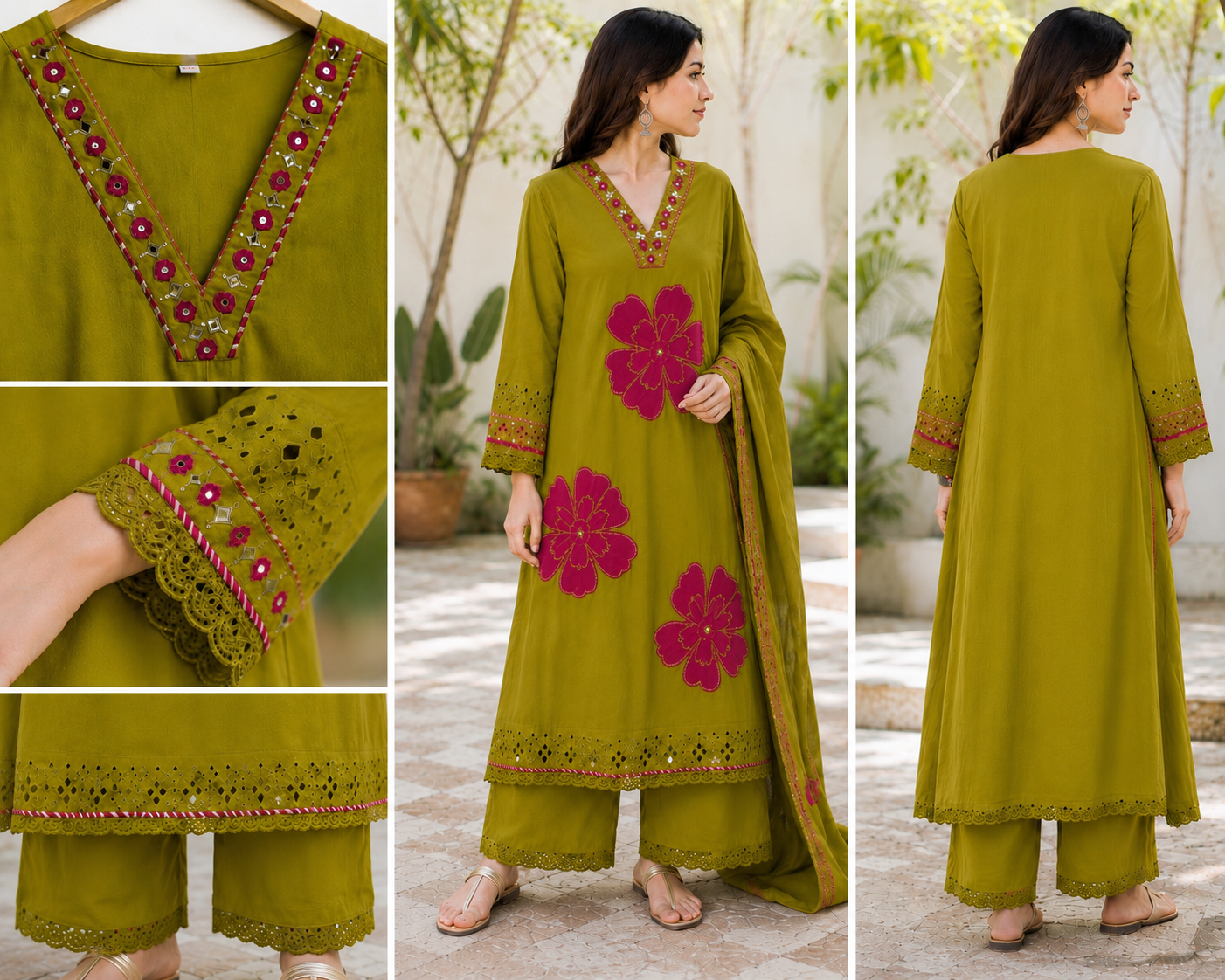 Olive Green Pure Cotton Straight suit with Embroidery & Lace Work