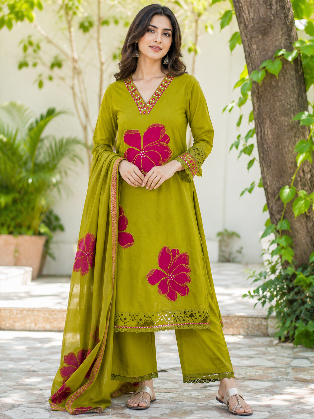 Olive Green Pure Cotton Straight suit with Embroidery & Lace Work