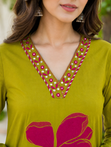 Olive Green Pure Cotton Straight suit with Embroidery & Lace Work
