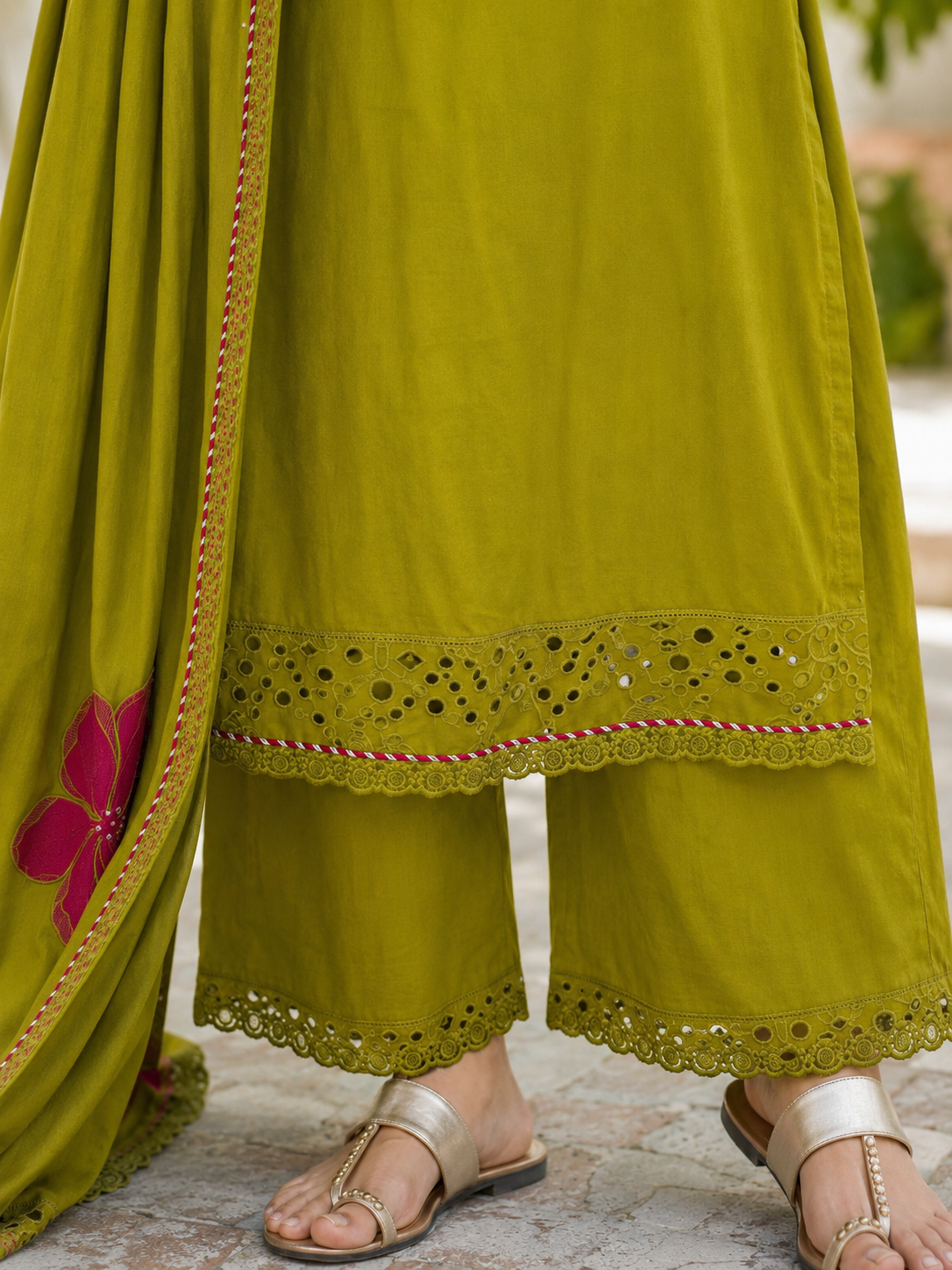 Olive Green Pure Cotton Straight suit with Embroidery & Lace Work