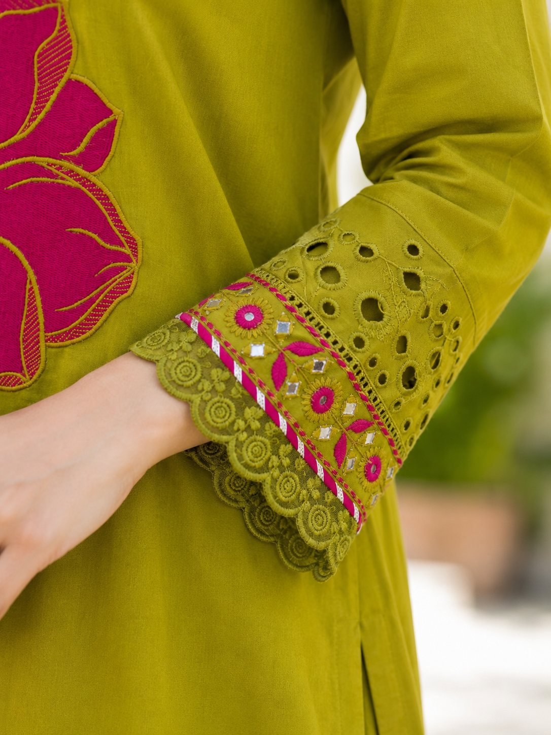 Olive Green Pure Cotton Straight suit with Embroidery & Lace Work